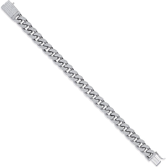 Silver 10mm Cuban Curb Link with Cubic Zirconias Gents Bracelet