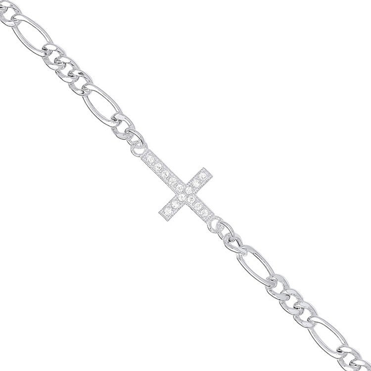 Silver Figaro Chain with Cubic Zirconia Cross Bracelet - Fine Bracelet - Certified Authentic – Luxury Jewellery by Imp