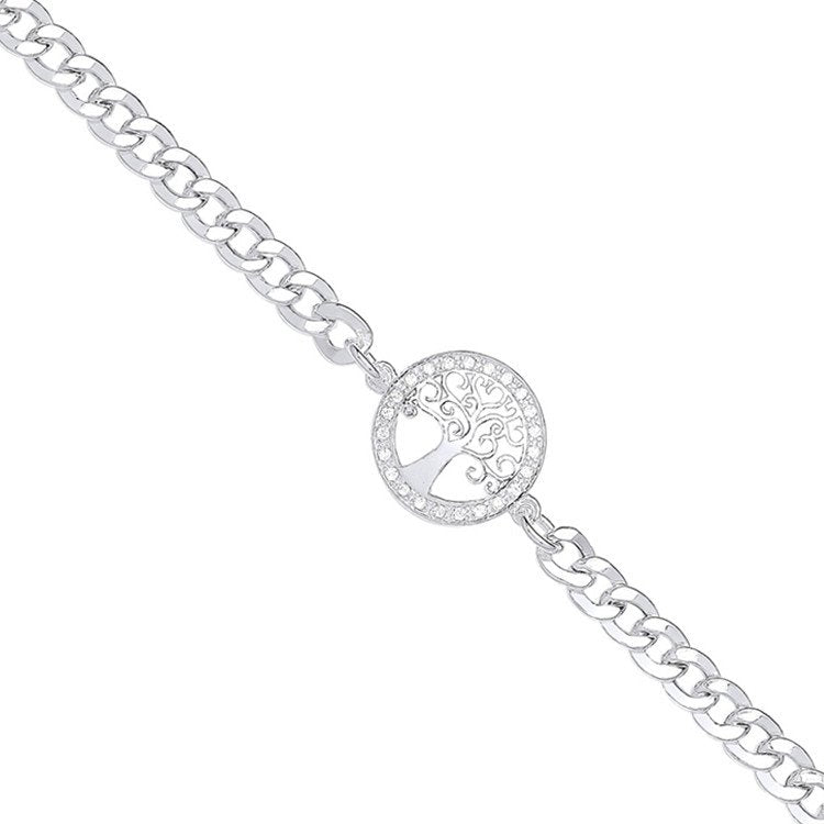 Silver Flat Curb Chain , Cubic Zirconia Tree of Life Bracelet - Fine Bracelet - Certified Aut – Luxury Jewellery by Im