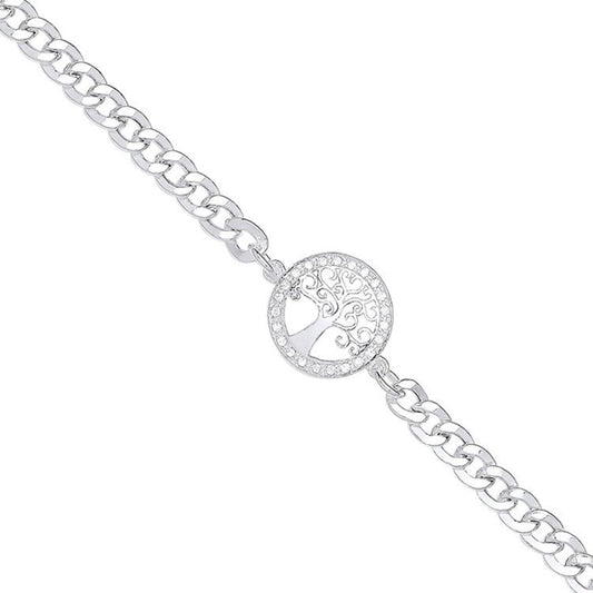 Silver Flat Curb Chain , Cubic Zirconia Tree of Life Bracelet - Fine Bracelet - Certified Aut – Luxury Jewellery by Im