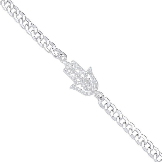 Silver Flat Curb Chain with Cubic Zirconia Hamsa Bracelet - Fine Bracelet - Certified Authent – Luxury Jewellery by Im