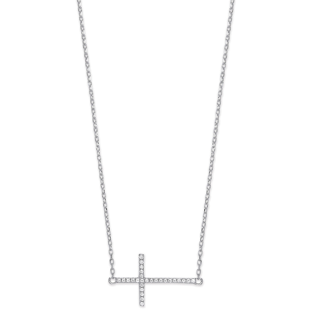 Silver Cubic Zirconia Sideways Cross Pendant 16" Necklace