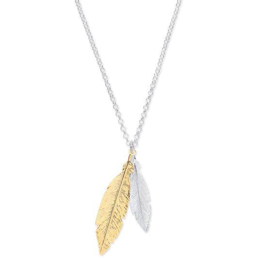 Silver & Gold Coated Feathers Necklace 16"