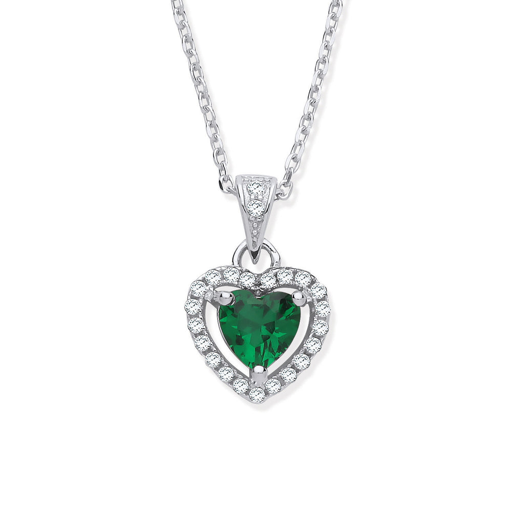 Silver Green Cubic Zirconia Halo Heart Pendant Necklace
