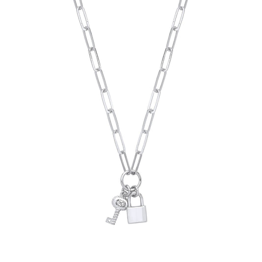 Silver Paper Clip Chain , Padlock & Cubic Zirconia Key Necklace - Fine Necklace - Certified A – Luxury Jewellery by Im