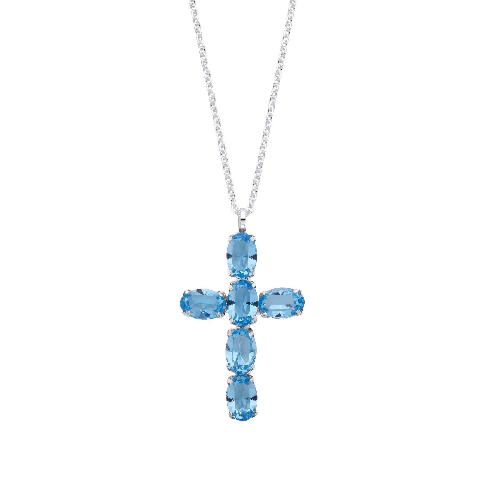 Silver Blue Crystal Cross Pendant on Chain - Fine Necklace - Certified Authentic - Swiss Made – Luxury Jewellery by Im