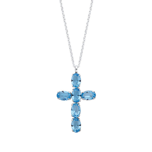 Silver Blue Crystal Cross Pendant on Chain - Fine Necklace - Certified Authentic - Swiss Made – Luxury Jewellery by Im