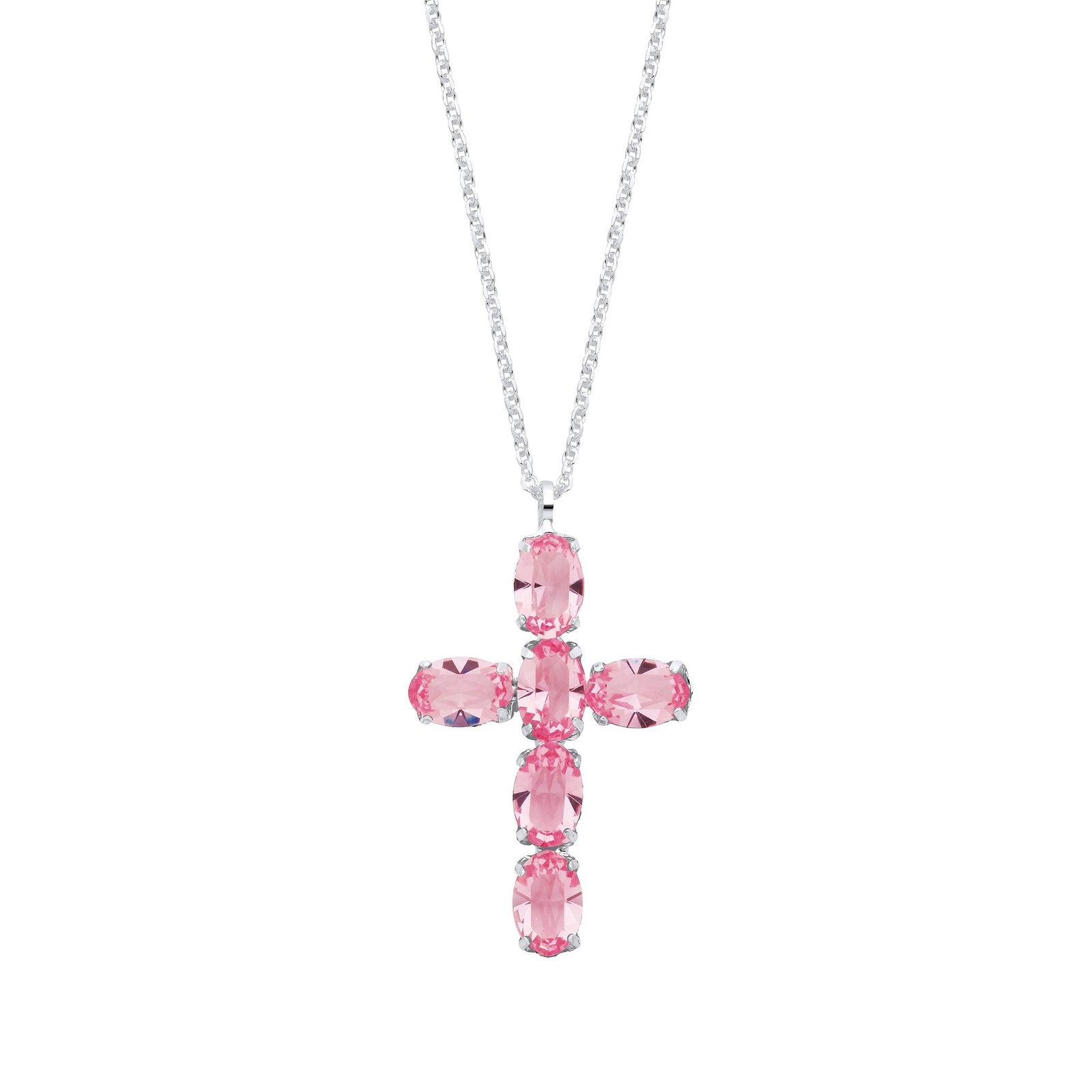 Silver Pink Crystal Cross Pendant on Chain - Fine Necklace - Certified Authentic - Swiss Made – Luxury Jewellery by Im