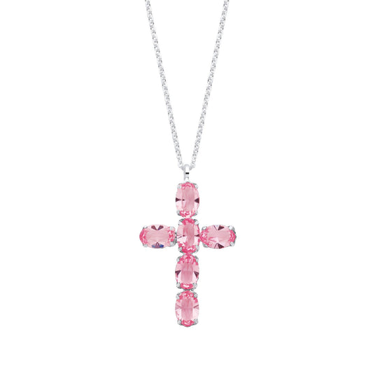 Silver Pink Crystal Cross Pendant on Chain - Fine Necklace - Certified Authentic - Swiss Made – Luxury Jewellery by Im