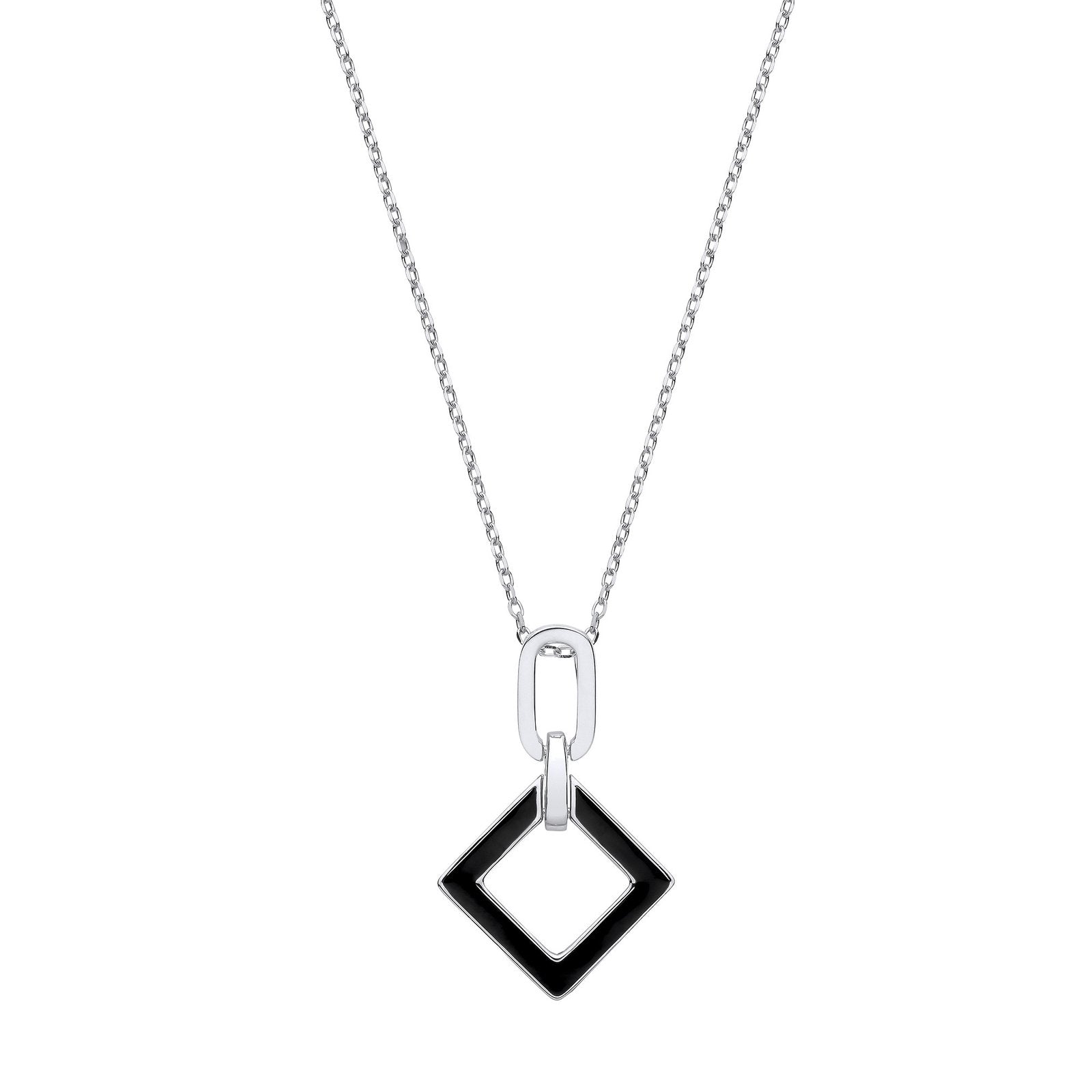 Silver Square Black Enamel Pendant Chain - Fine Necklace - Certified Authentic - Swiss Made – Luxury Jewellery by Impe