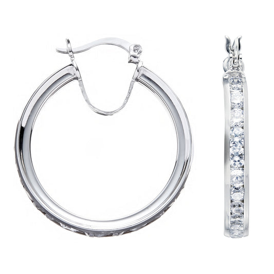 Silver Channel Set Cubic Zirconia Hoop Earrings