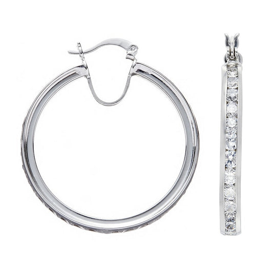 Silver Channel Set Cubic Zirconia Hoop Earrings - Fine Ring - Certified Authentic - Swiss Mad – Luxury Jewellery by Im