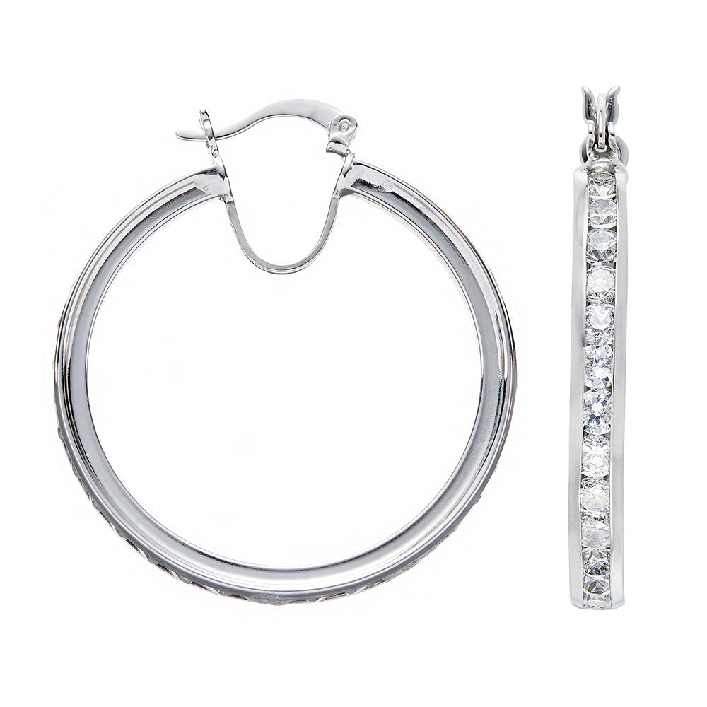 Silver Channel Set Cubic Zirconia Hoop Earrings