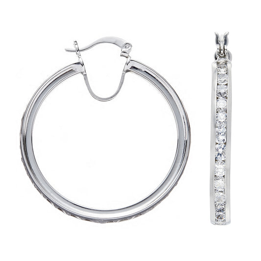 Silver Channel Set Cubic Zirconia Hoop Earrings