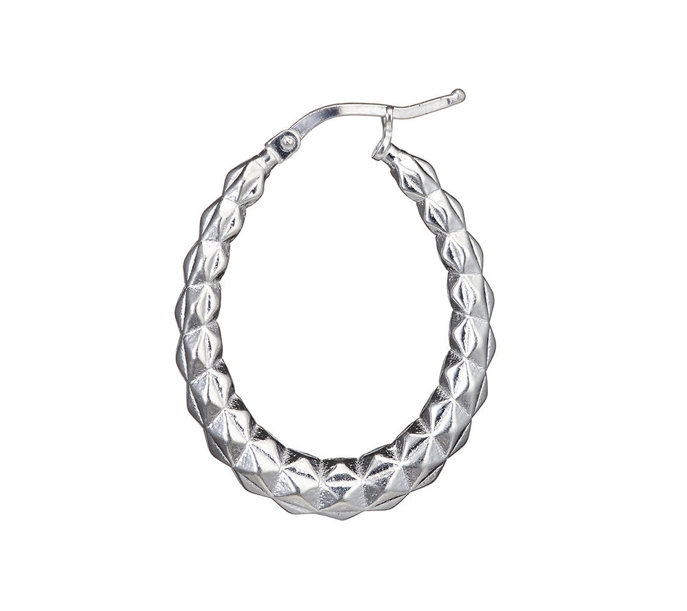 Silver Faceted Oval Hallow Hoop Earrings