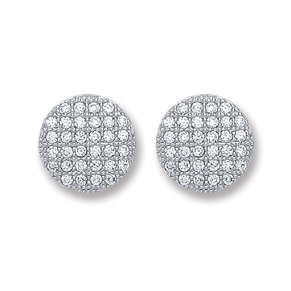 Silver Button Cubic Zirconia Stud Earrings