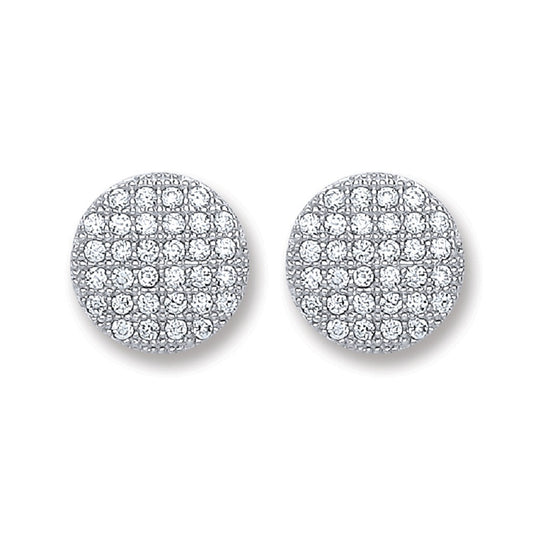 Silver Button Cubic Zirconia Stud Earrings
