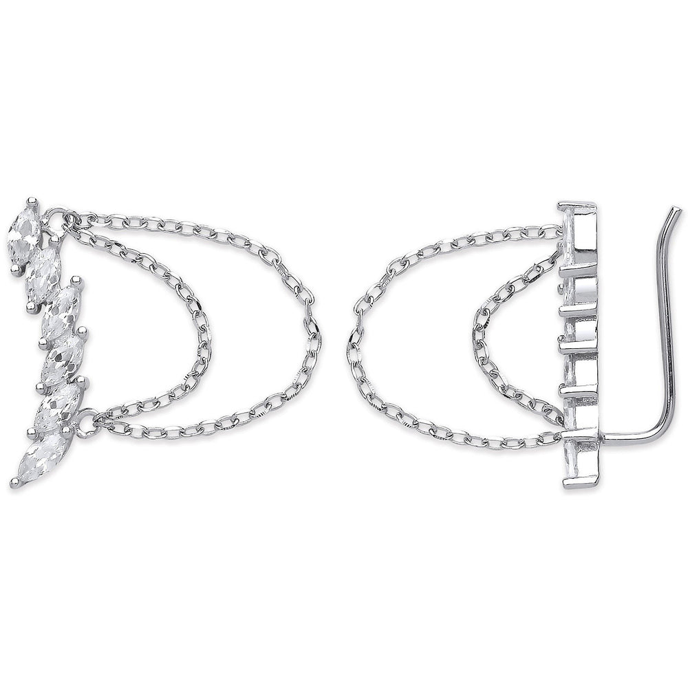 Silver Arc-Shaped Ear Hook Marquee Cubic Zirconia Chain Ear Clip Earrings