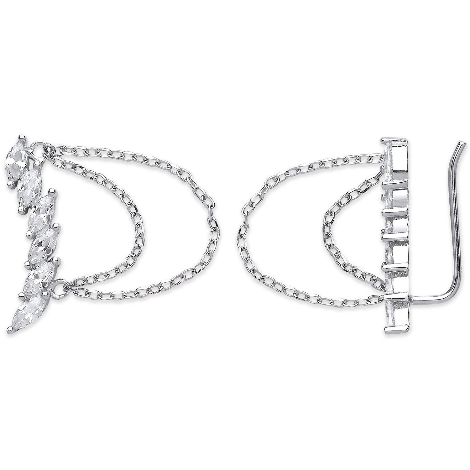 Silver Arc-Shaped Ear Hook Marquee Cubic Zirconia Chain Ear Clip Earrings