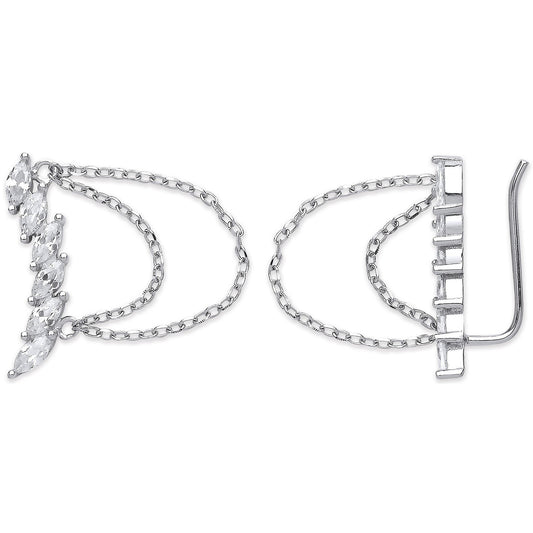 Silver Arc-Shaped Ear Hook Marquee Cubic Zirconia Chain Ear Clip Earrings