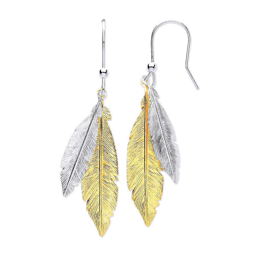 Silver & Gold Coated Feathers Drop Earrings – product view