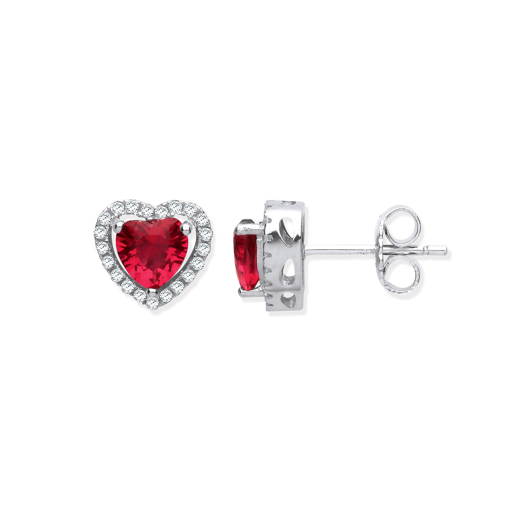 Silver Red Cubic Zirconia Halo Heart Stud Earrings – product view