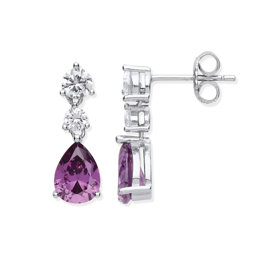 Silver Clear & Amethyst Colour Cubic Zirconias Drop Earrings – product view