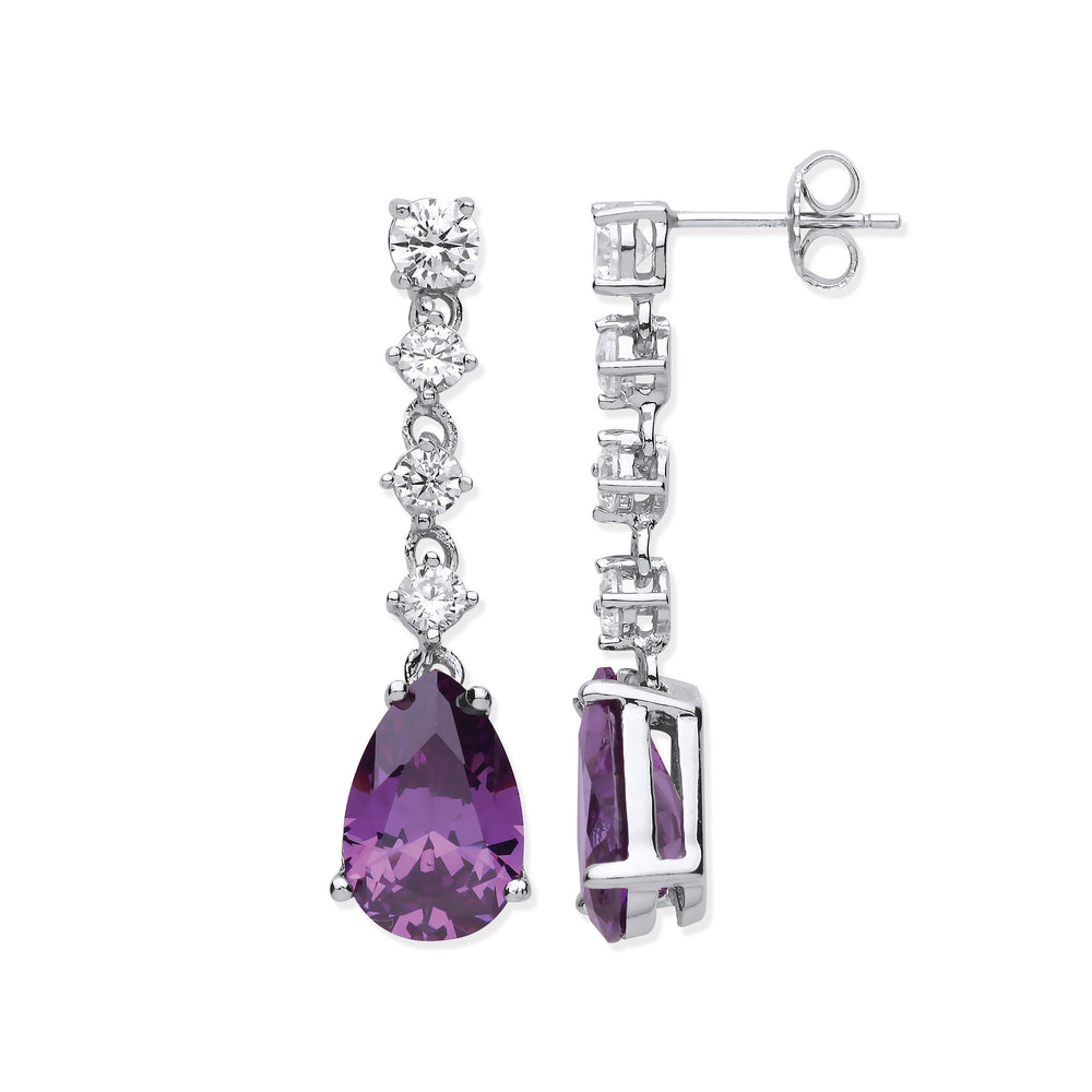 Silver Clear & Amethyst Colour Cubic Zirconias Long Drop Earrings – product view