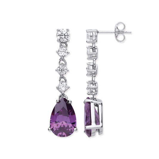 Silver Clear & Amethyst Colour Cubic Zirconias Long Drop Earrings