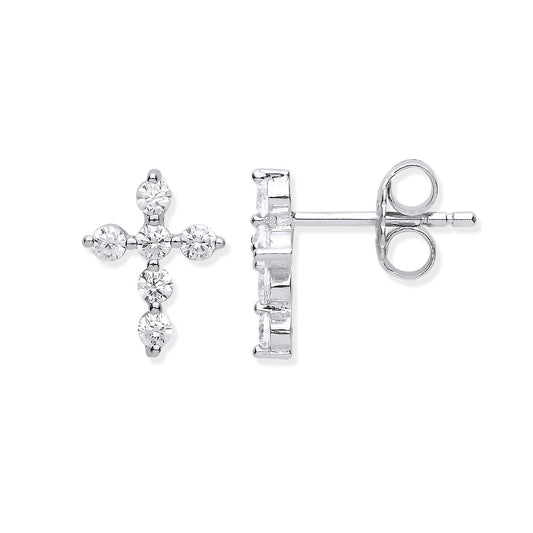 Silver Cubic Zirconia Small Cross Stud Earrings
