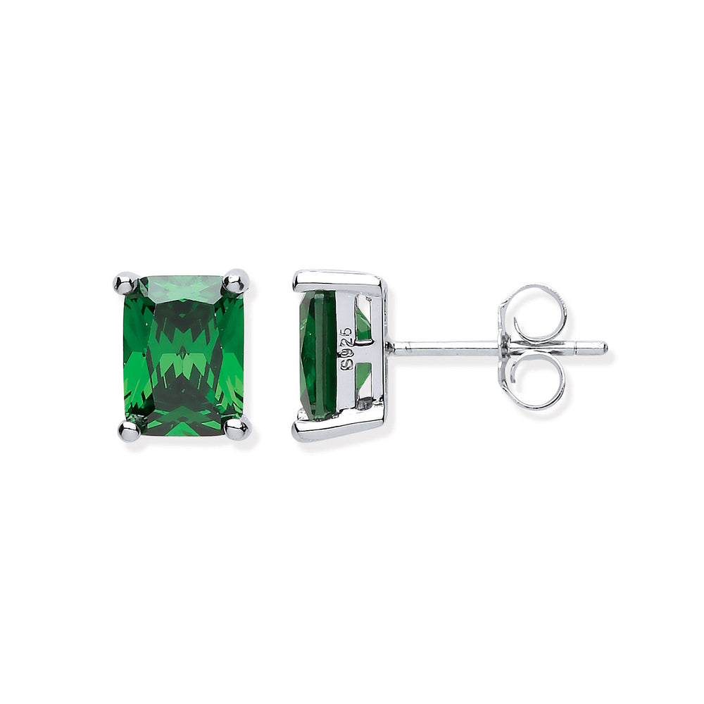 Silver Green Cubic Zirconia Emerald Cut Stud Earrings
