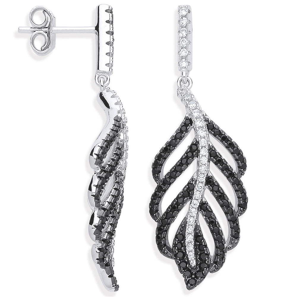 Silver Black & Clear Cubic Zirconia Leaf Drop Earrings – product view