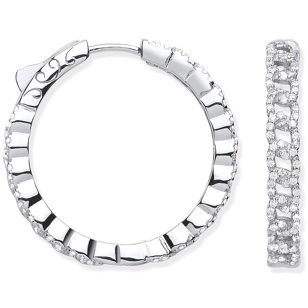 Silver Curb Chain Link Cubic Zirconia Hoop Earrings