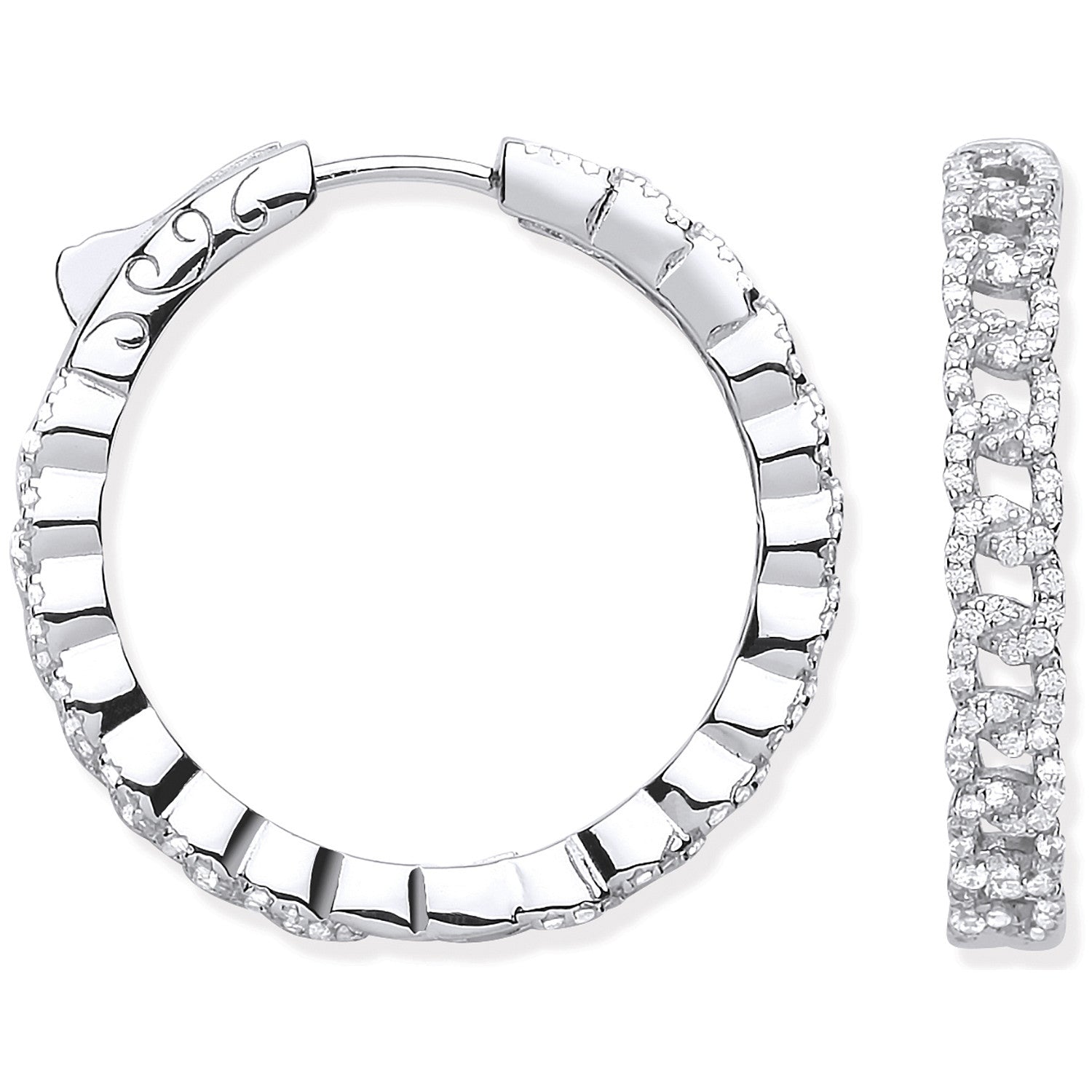 Silver Curb Chain Link Cubic Zirconia Hoop Earrings