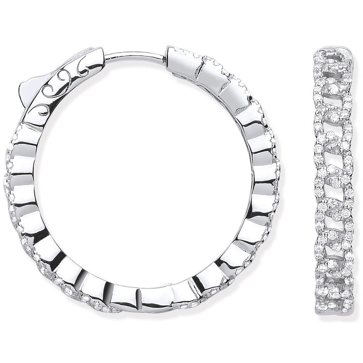 Silver Curb Chain Link Cubic Zirconia Hoop Earrings