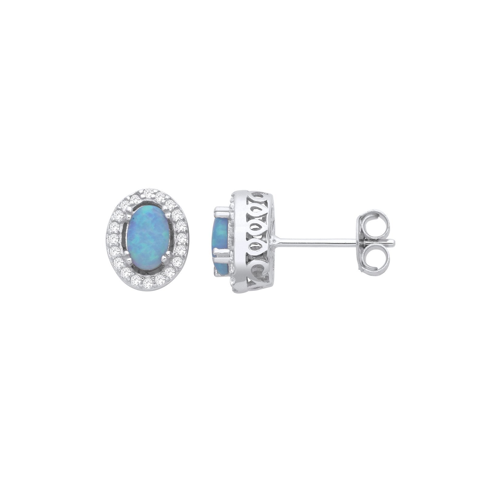 Silver Blue Opal Halo Oval Stud Earrings - Fine Ring - Certified Authentic - Swiss Made – Luxury Jewellery by Imperial