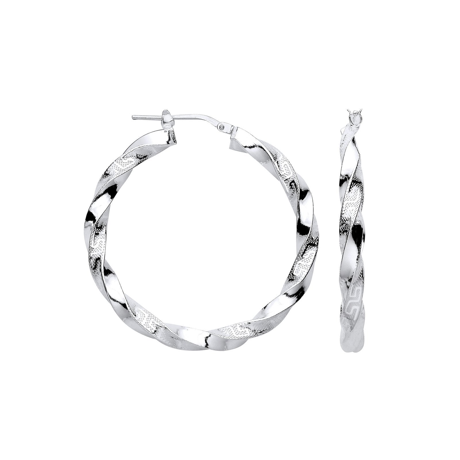 Silver Greek Key Twist Hoop 37mm Earrings - Fine Ring - Certified Authentic - Swiss Made – Luxury Jewellery by Imperia