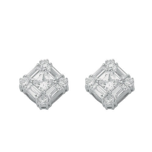 Silver Fancy Cluster Cubic Zirconia Stud Earrings