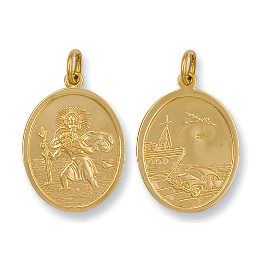Yellow Gold Double Sided Oval Shaped St Christopher Pendant