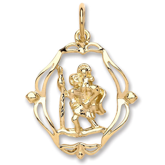 Yellow Gold Oval Fancy Cut Out St Christopher Pendant
