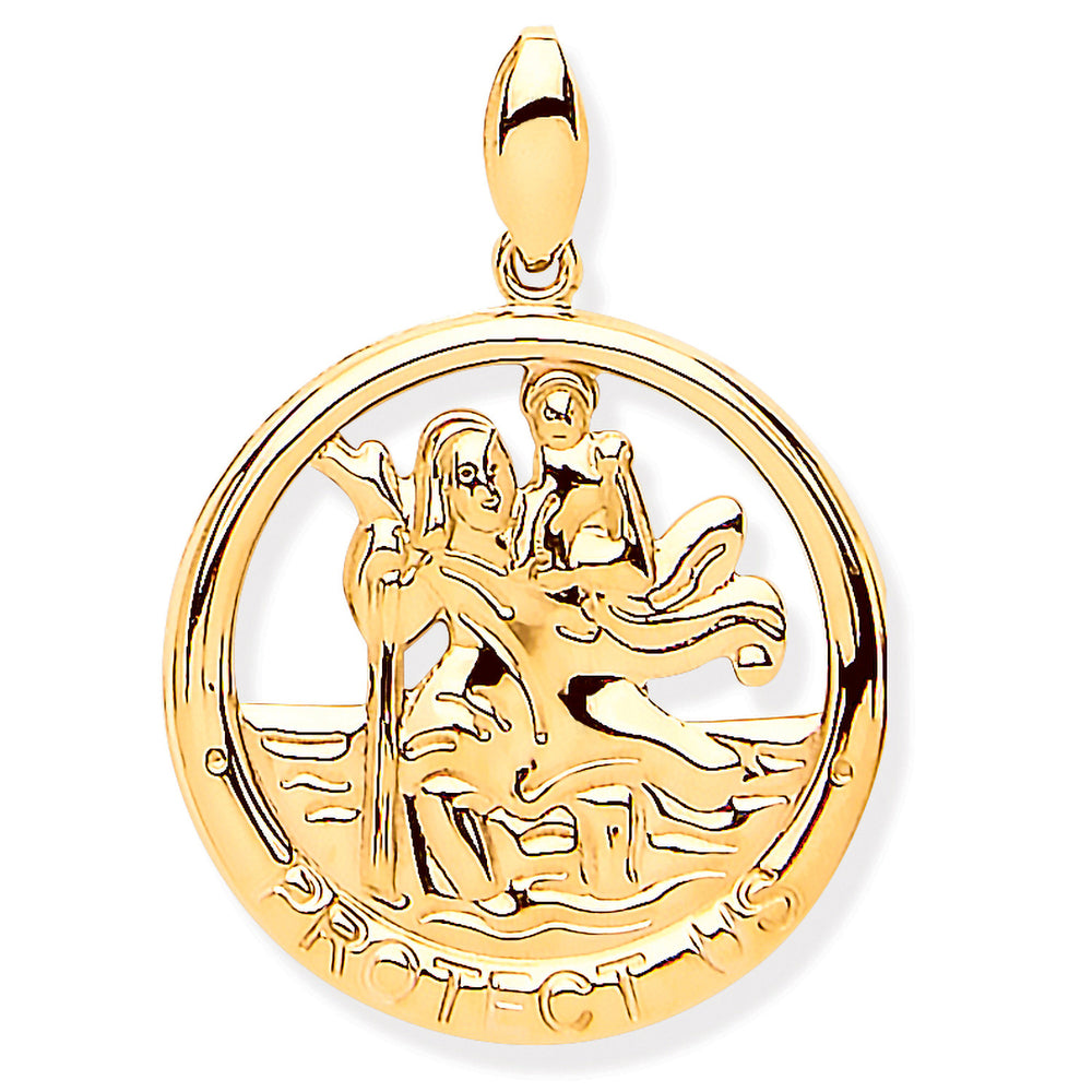 Yellow Gold St Christopher Round Cut Out Protect Us Medal