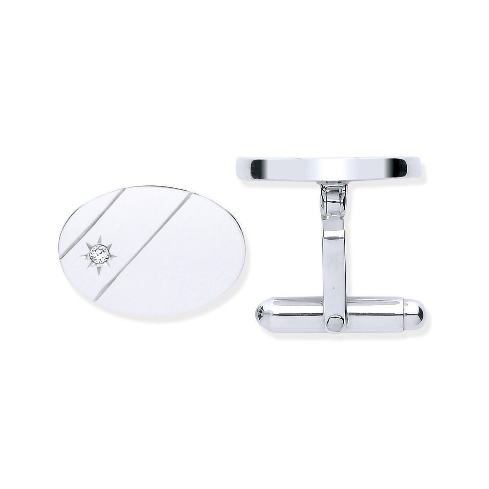 Silver Cubic Zirconia, Plain Oval Cufflinks