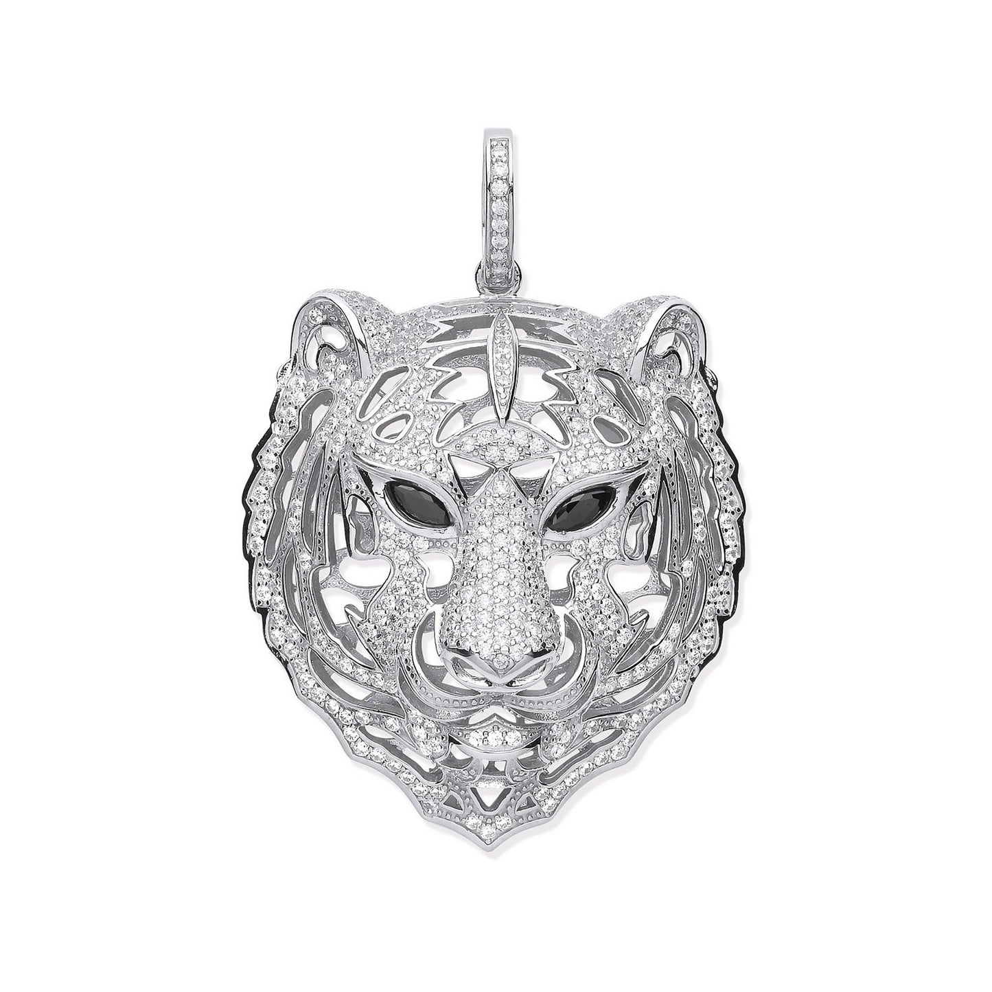 Silver Cubic Zirconia Tiger Head Black Cubic Zirconia Eyes Pendant - Fine Necklace - Certifie – Luxury Jewellery by Im