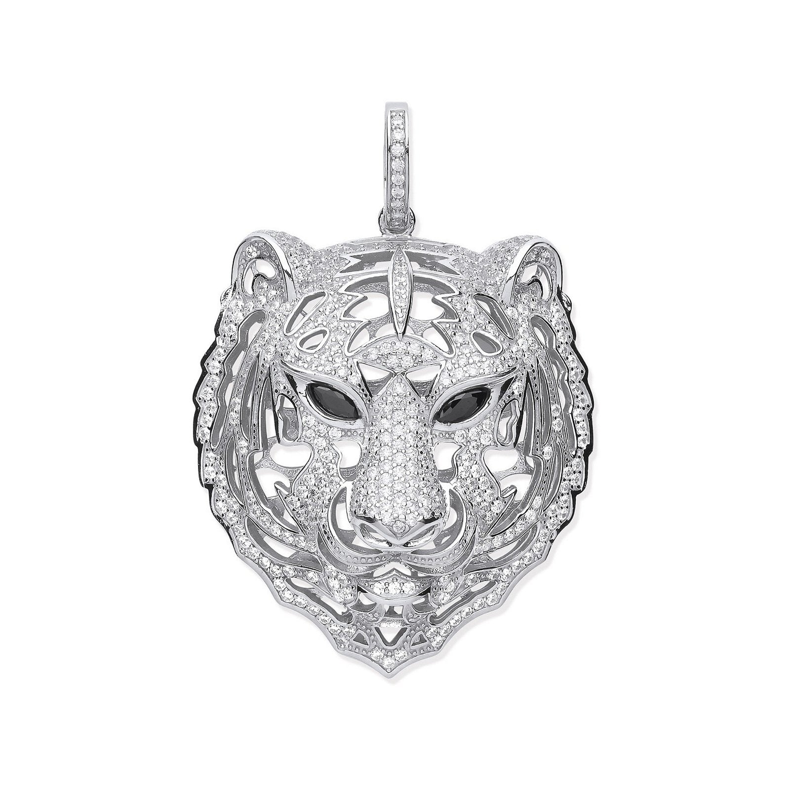 Silver Cubic Zirconia Tiger Head Black Cubic Zirconia Eyes Pendant - Fine Necklace - Certifie – Luxury Jewellery by Im