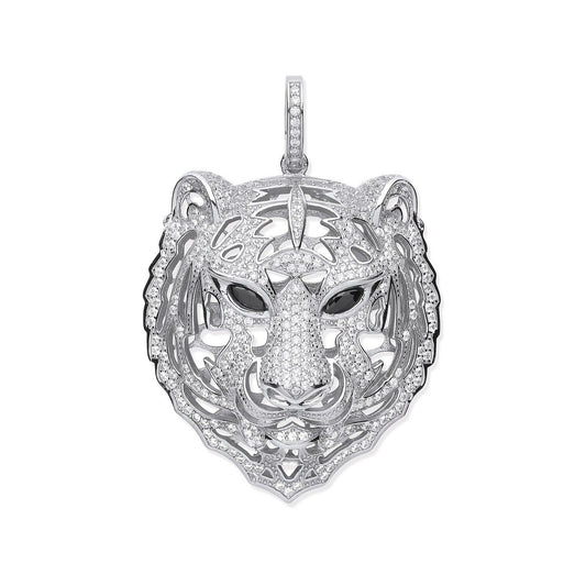 Silver Cubic Zirconia Tiger Head Black Cubic Zirconia Eyes Pendant - Fine Necklace - Certifie – Luxury Jewellery by Im