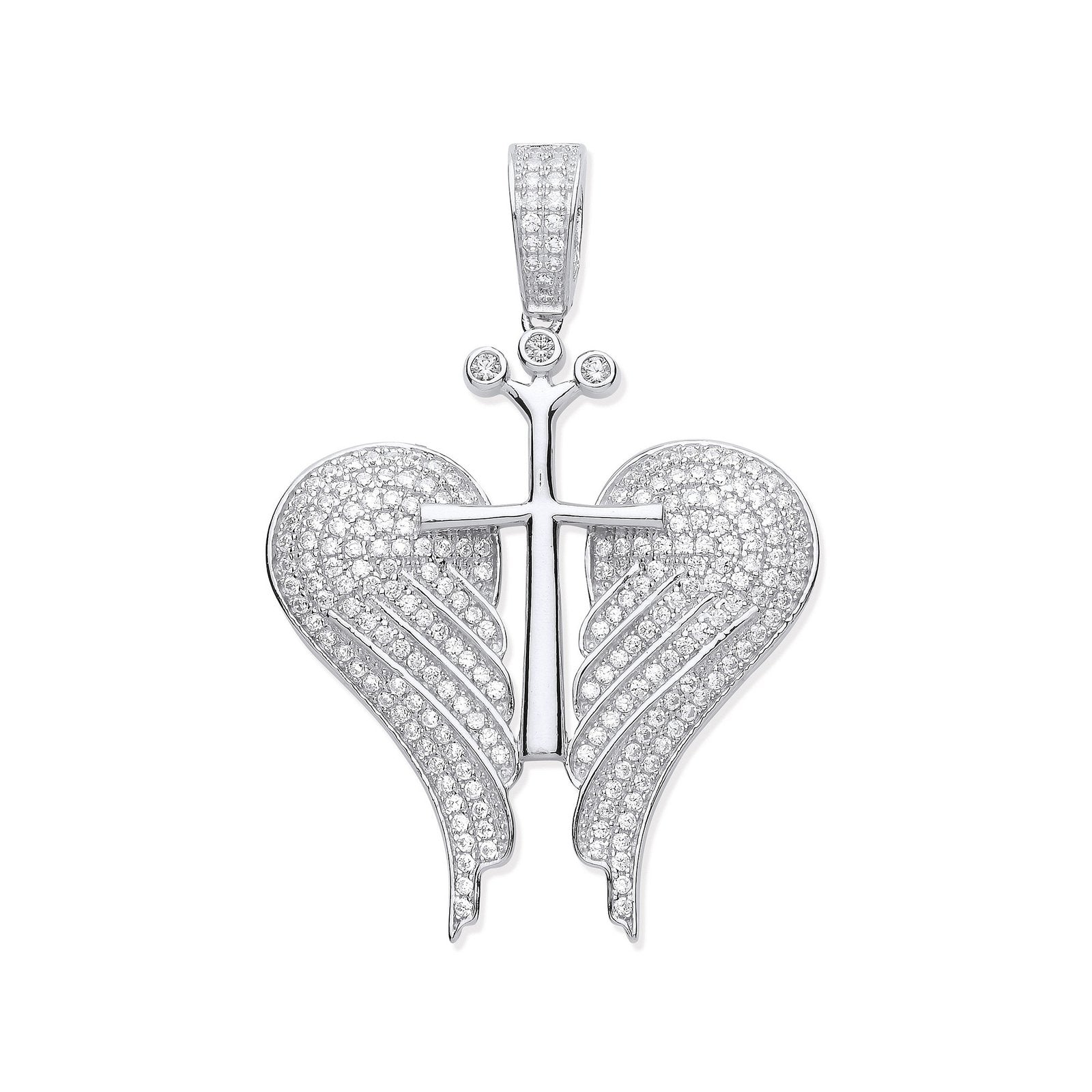 Silver Cubic Zirconia Open Angel Wings with Royal Cross Pendant - Fine Necklace - Certified A – Luxury Jewellery by Im