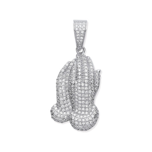 Silver Cubic Zirconia Praying Hands Pendant - Fine Necklace - Certified Authentic - Swiss Mad – Luxury Jewellery by Im