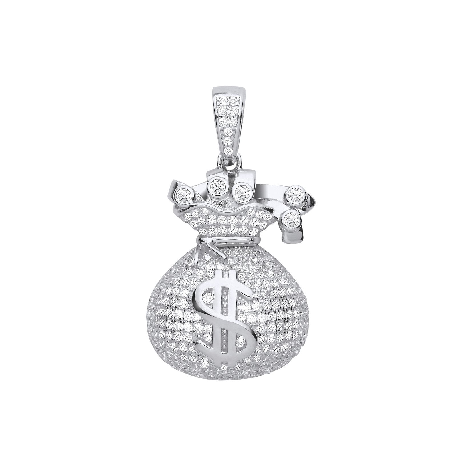 Silver $ Money Bag Cubic Zirconia Hollow Pendant - Fine Necklace - Certified Authentic – Luxury Jewellery by Imperial