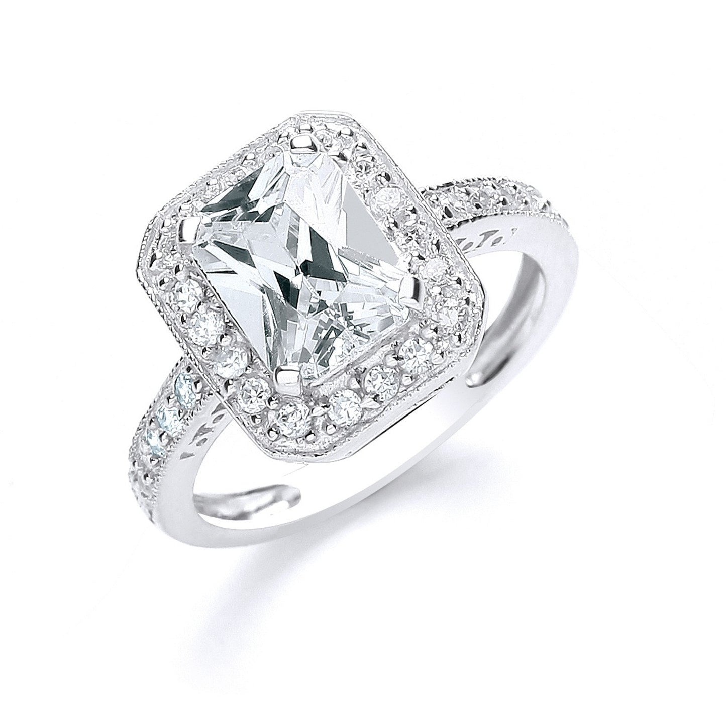 Silver Emerald Cut with Cubic Zirconia Surrounding & Shoulders Ring - Fine Ring - Certified A – Luxury Jewellery by Im