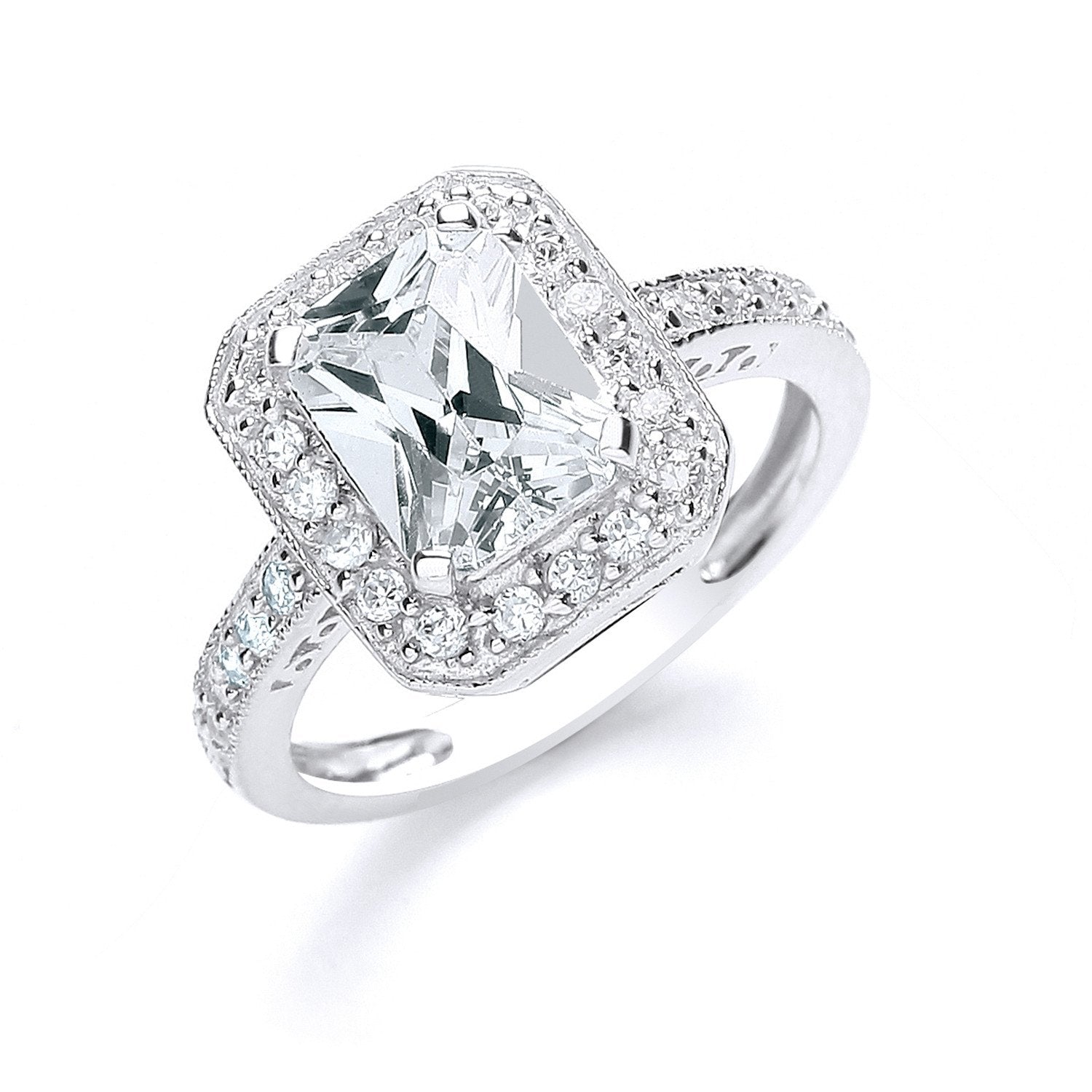 Silver Emerald Cut with Cubic Zirconia Surrounding & Shoulders Ring - Fine Ring - Certified A – Luxury Jewellery by Im